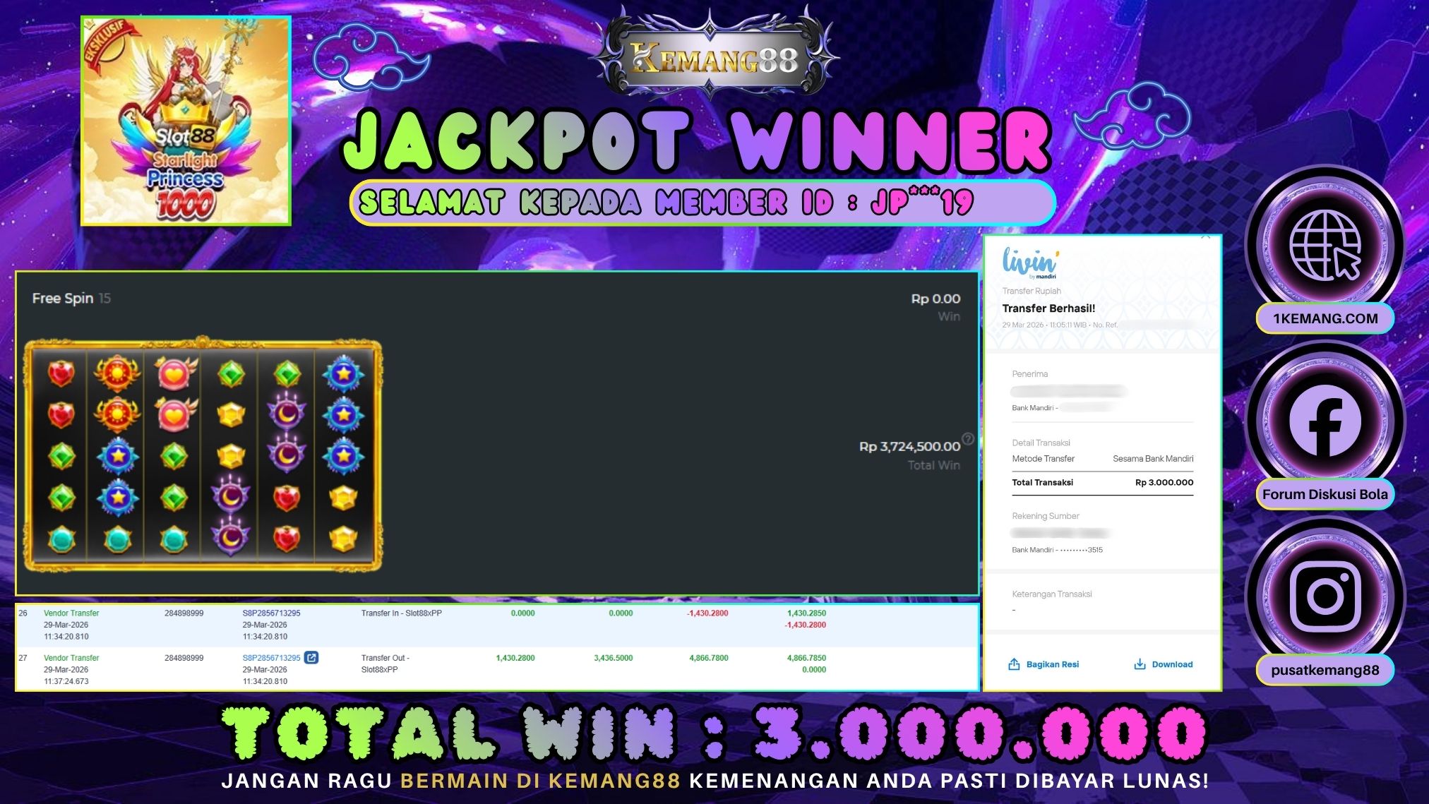 KEMANG88 [29 Maret 2026] : JACKPOT SLOT : STARLIGHT PRINCESS 1000 [SLOT88] Rp. 3.000.000.,- LUNAS